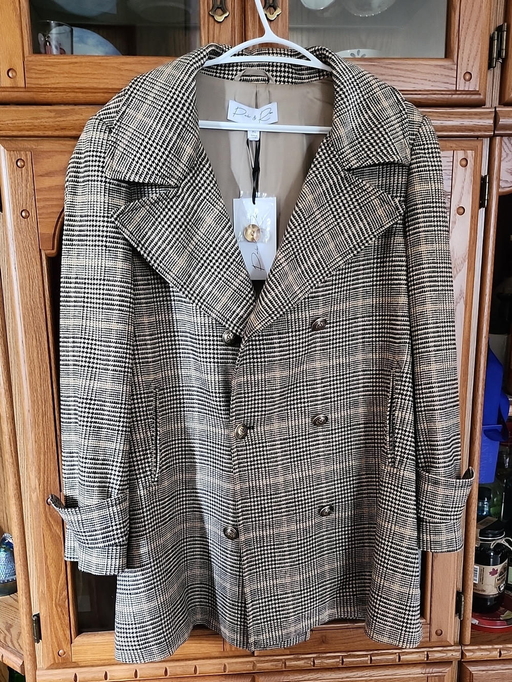 Double-Breasted Glen Plaid Pea Coat - Black & Cream